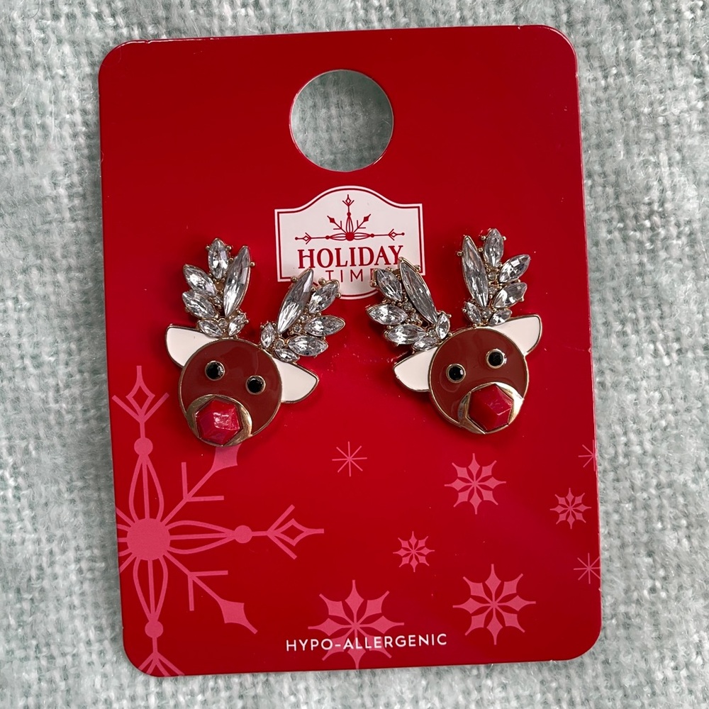 Holiday Time Rudolph Red Nose Reindeer Rhinestone Festive Bling Stud Earrings